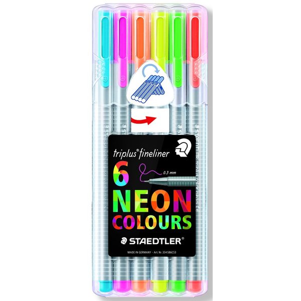 Staedtler Fineliner Drawing Pens .3mm 6 Count Triplus Fine Line, 6-Pack, Assorted Neon
