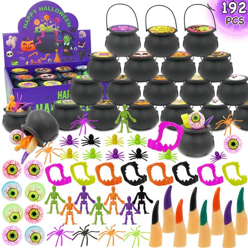 192 PCS Halloween Party Favors for Kids, 24 Pack Prefilled Small Plastic Witch Cauldron Halloween Toys in Bulk for Halloween Party School Classroom Prizes Trick or Treats Gifts