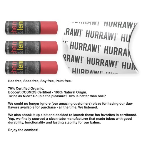 Hurraw! Cherry & Lemon Lip Balm, 3 Pack: Plastic-Free with new cardboard push-up tube. Certified Organic, All Natural Origin, Vegan & Cruelty Free. Gluten Free. Bee, Shea, Soy & Palm Free. Made in USA