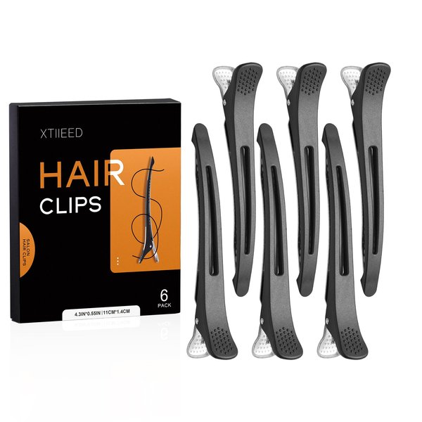 XTIIEED 6 Pack Hair Clips for Styling Sectioning, Non Slip Duck Billed with Silicone Band, Hair Roller Clips No Crease - Length 4.3'' for Salon and Home Haircuts(Black)
