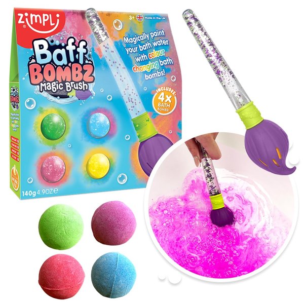 Baff Bombz Magic Brush from Zimpli Kids, 4 x Bath Bombs, Magically Paint Your Bath Water, Creative Bath Toy for Children, Birthday Gifts for Boys & Girls, Pocket Money Toy, Moisturising Bath Fizzers