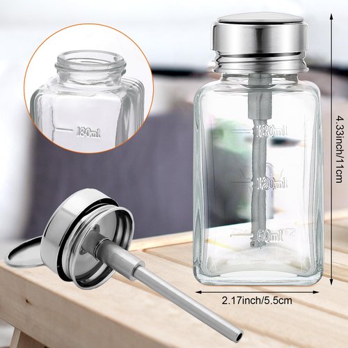 Lallisa 2 Pcs 6 Oz/ 180 ml Clear Pump Dispenser Bottle with Metal Flip Cover Glass Nail Polish Remover Push Down Dispenser Bottle Refillable Push Down Pump Dispenser Press Container for Makeup Remover