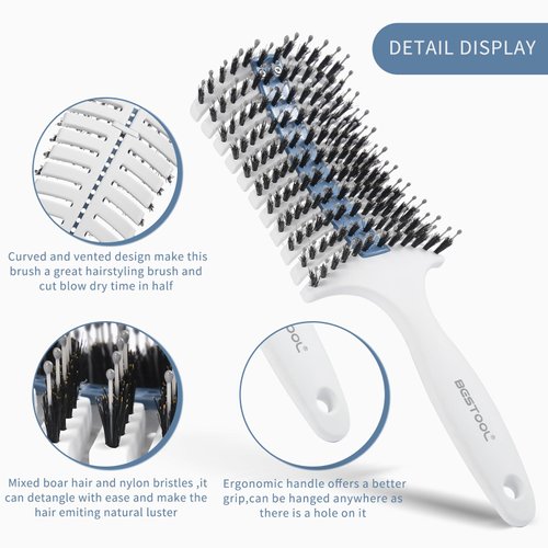 BESTOOL Curl Defining Brush, Curved and Vented No-Pain Detangler Brush for Curly Hair Boar Bristle Hair Brush for Wet or Dry All Hair Types Smoothing Massaging Less Breakage & Frizz