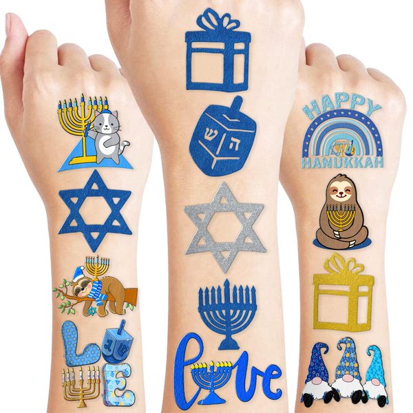 Cute Hanukkah Temporary Tattoos 10 Sheets 100 PCS Kwanzaa Party Decorations Favors Supplies Hanukkah Theme Birthday Stickers Halloween Gifts for Boys Girls Kids Class School Prizes Carnival Christmas