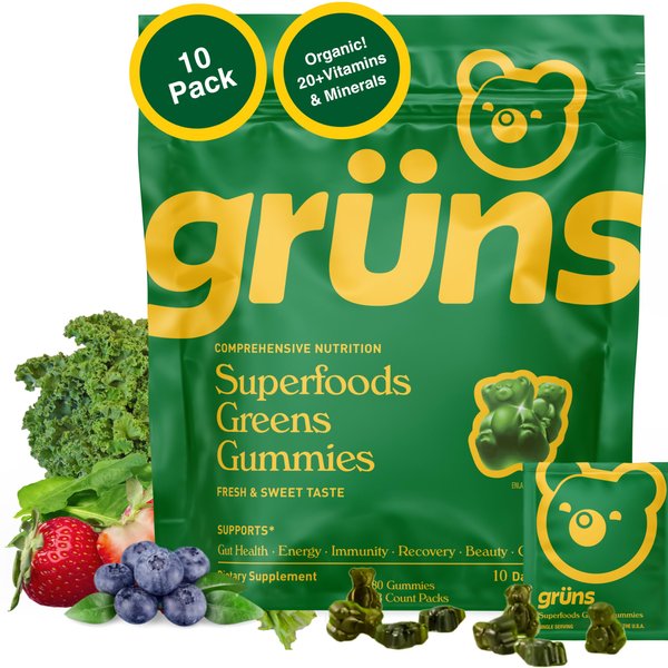 Gruns Adults Super Greens Gummies, Multivitamin Superfood Gummy Bears, Spirulina, Chlorella, Prebiotics & Fiber Gummies for Digestive Health, Adaptogens Supplement, 20 Vitamins & Minerals, 10 Count