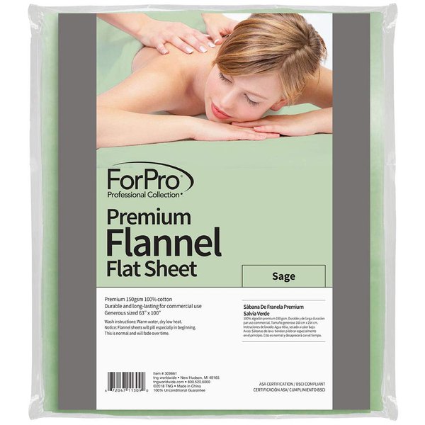ForPro Professional Collection Premium Flannel Flat Sheet for Massage Tables, Ultra-Light, Stain and Wrinkle-Resistant, 63" W x 100" L, Sage