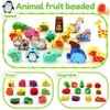 Loppdece 42 PCS Wooden Animals Fruits Vegetables String Threading Beads, Montessori Toddler Preschool Activities Lacing Toys, Include 42Wooden Lacing Beads 4String Ropes for Toddlers 3 4 5 6 Year Old