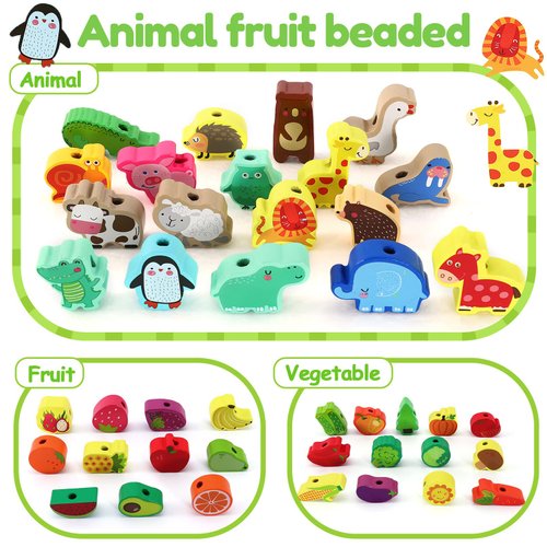 Loppdece 42 PCS Wooden Animals Fruits Vegetables String Threading Beads, Montessori Toddler Preschool Activities Lacing Toys, Include 42Wooden Lacing Beads 4String Ropes for Toddlers 3 4 5 6 Year Old