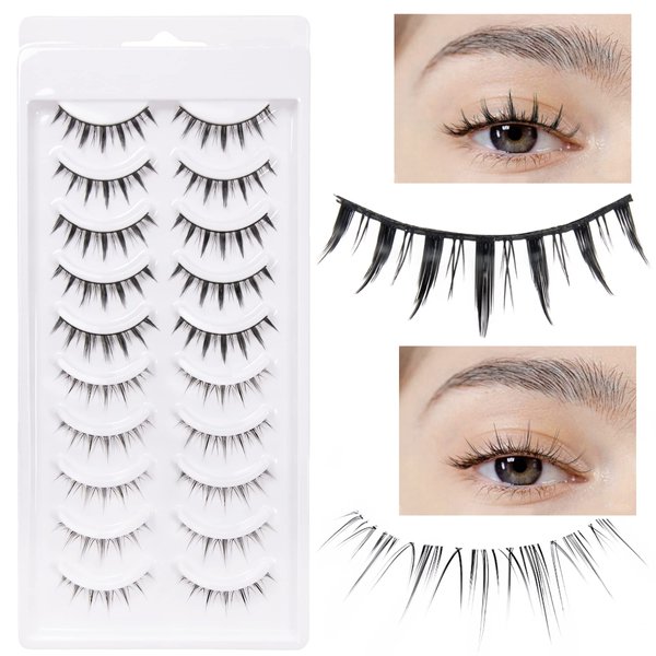 HOSAILY 10 Pairs Manga Lashes Japanese Style Natural Look Lash with Clear Band Natural Short 3D Cosplay Makeup Eyelashes(2 Styles)