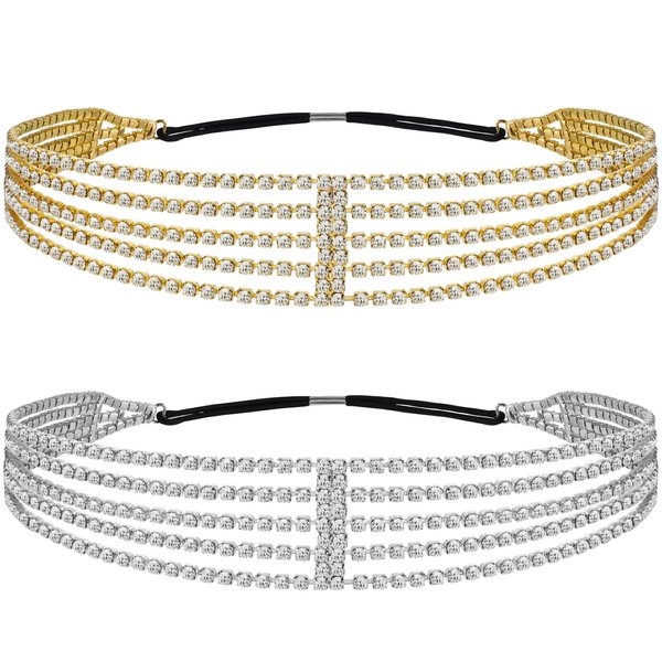 ANCIRS 2 Pack Multi Layered Elastic Headband for Women, Adjustable Rhinestone Bridal Headpieces, Stretchy Jewelry Hair Bands Accessories for Girls- Gold & Silver