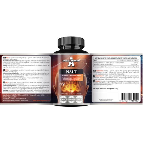 Apollo's Hegemony N-Acetyl-L-Tyrosine (NALT) 500mg and Active Vitamin B6 (P-5-P) 2mg - 120 Capsules - 4 Months Supply - High Strength Amino Acid Supplement - Cognitive Booster