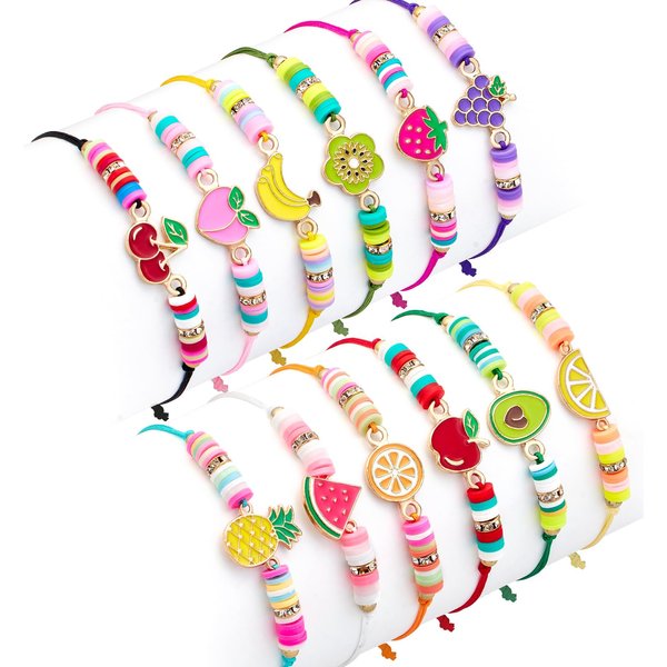 KELENO 12 Pcs Kids Bracelet for Girls Toddler Jewelry Fruits Summer Princess Party Favors Friendship Bracelets Adjustable Pretend Play Luau Goodie Bag Classroom Reward
