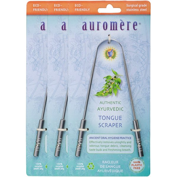 Auromere Tongue Cleaner, Ancient Oral Hygiene, Eco Friendly, Zero Waste, Stainless Steel, Eliminate Bad Breath (3 Pack)