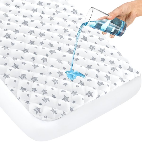 Crib Mattress Pad Protector Waterproof, Quilted Crib Mattress Pad Cover 52'' x 28'' Extra Soft Breathable Toddler Bed Cover Fitted Crib/Toddler Mattress Stretch Up to 8", White Star