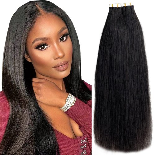 Tape in Extensions Light Yaki Tape in Hair Extensions Human Hair for Black Women Skin Weft Invisible Glue In Real Human Hair 16 Inch Natural Black Human Hair Extensions 20PCS/Pack 50Grams #1B