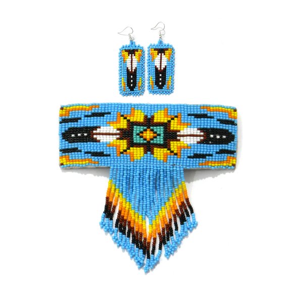Beaded Hair Clips Native American Style Handmade Collection (Skyblue With Earring)