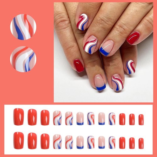 24 Pcs 4th of July Press on Nails Short Square Fake Nails Independence Day Acrylic Nails Glossy Glue on Nails Patriotic Red Blue White Swirl Designs Coffin Nails Tips Full Cover False Nails for Women