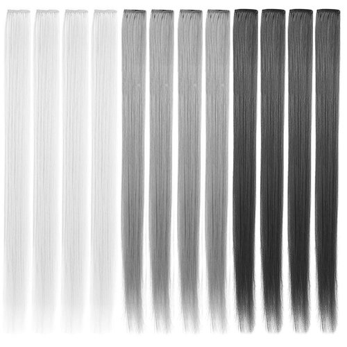 LSKJMO Grey&Light Grey&Dark Grey 21''Colorful Party Highlights Clip in Colored Hair Extensions Multicolor Straight Synthetic Hairpieces for Women Girls