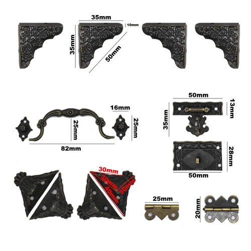 Jewelry Box Antique Lock Latch Hasp Hinges Handle Box Corner Protectors Kit for DIY Jewelry Box Bronze Tone 2 Sets 24Pcs