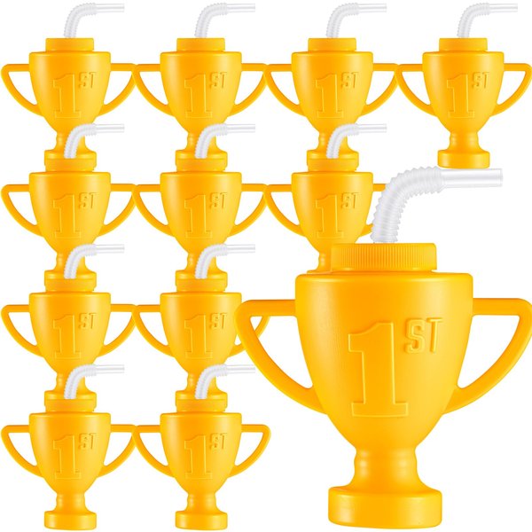 Amyhill 12 Pcs Race Car Trophy Cups With Straws and Lids 12 Oz Plastic Race Car Birthday Party Supplies And Favors For Kids Adults Props Rewards Winning Prizes Competitions (Gold)