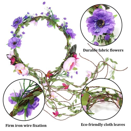 AWAYTR Flower Crown for Women Flower Girl Headpiece Bridal Floral Garland Headbands with Adjustable Vines Hair Wreath Wedding Flower Halo Headband (Purple)