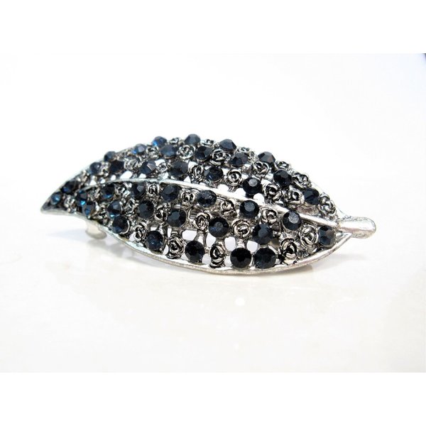 Blue and silver flower and leaf crystal hair clip barrette bridal hair clip