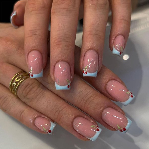 IMRAIN Press on Nails Short Square Fake Nails Blue French Tips False Nails Glossy Gel Squoval Nails Full Cover Cherry Acrylic Nails for Women Girls 24Pcs