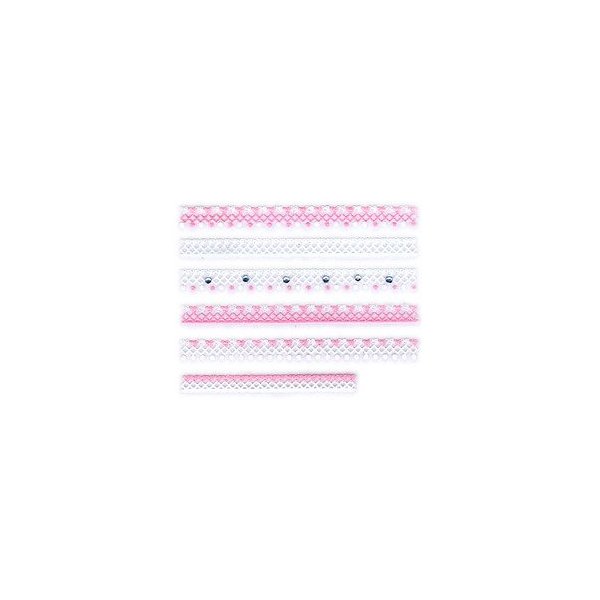 Pink & White Heart & Dot Lace Trim w/Rhinestone Strip Nail Stickers/Decals