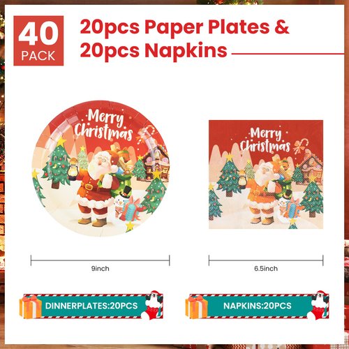 40PCS Merry Christmas Paper Plates and Napkins, Christmas Theme Tableware Set Includes 9Inch Paper Plates and Napkins Disposable Decoration Supplies for Kids Christmas Birthday Party, Serve 20