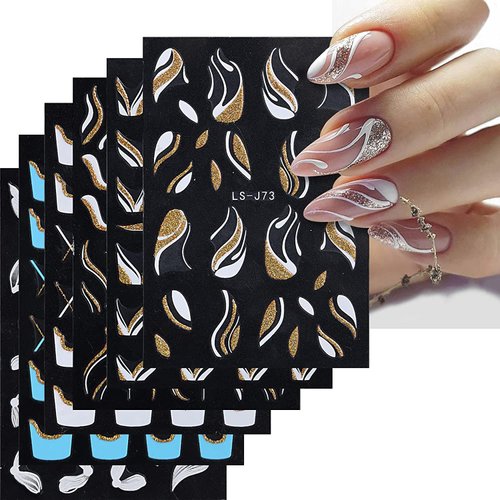 8 Sheets French Tip Nail Art Stickers Decals French Stripe Marble Glitter Nail Art Decals 3D Self-Adhesive Nail Art Accessories Line Ribbon Nails Design Nail Supplies for Women DIY Nail Decorations