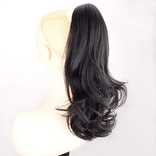 DIGUAN 13 Inches Ombre Claw Clip In Wavy Loose curly Synthetic Wrap Around Ponytail Extensions Short Pony Tail Clip In Extensions for Women Girl 4oz/115g (Natural Black)