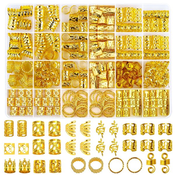 Belinreli 280 Pcs Hair Jewelry for Braids, Gold Loc Jewelry for Hair Dreadlocks Braid Jewelry Accessories Metal Hair Rings for Braids Cuffs Braid Clips Jewelry Decorations for Women Men Unisex