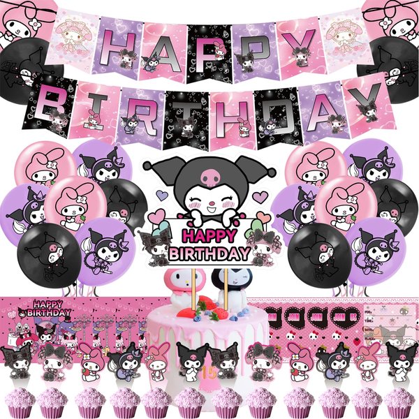 Cute Anime Party Decorations,Kawaii Birthday Party Supplies Includes Banner/Cake Topper/Cupcake Toppers/Balloons/invitation card