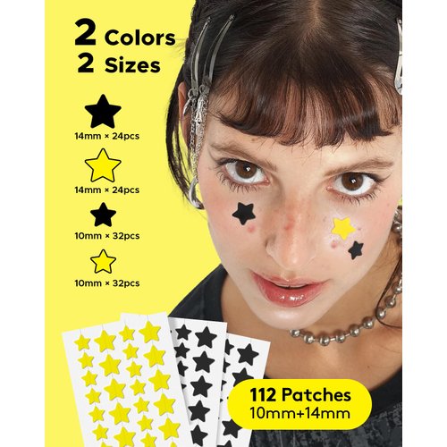 LitBear Acne Patch Pimple Patch, Black & Yellow Star Shaped Acne Absorbing Cover Patch, Hydrocolloid Acne Patches For Face Zit Patch Acne Dots, Tea Tree Oil + Centella, 112 Patches, 14mm & 10mm