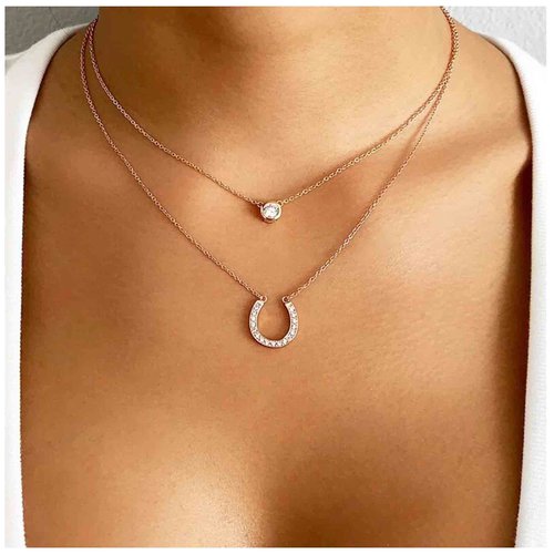 Yheakne Layered Lucky Horseshoe Necklace Gold Rhinestone Pendant Necklace Choker Luxury Solitaire Crystal Necklace Vintage U Shape Necklace Jewelry for Women and Girls Gifts