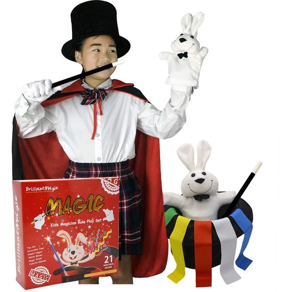 BrilliantMagic Kids Magician Role Play Set Contains Magic Top Hat Magic Wand Rabbit Puppet Color Ribbons Gloves(Model:BMM006) (S)