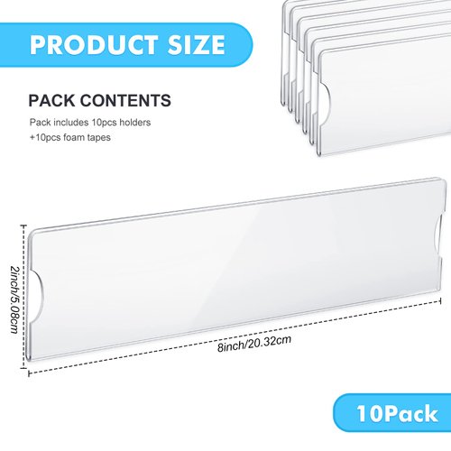 2 x 8 Inch Acrylic Name Plate Holder Clear Acrylic Plastic Sign Holder Frame with Adhesive Tape Horizontal Wall Name Plates for Door Office Nameplate Display Trays for Office Home Classroom(10 Sets)