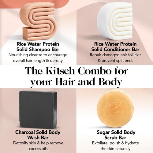 Kitsch Hair & Body Care Bar Set | Kitsch Rice Water Shampoo & Conditioner Bar, Charcoal Soap Body Wash Bar, & Sugar Body Scrub Bar | Vegan | Strengthen Hair & Nourish Skin | Paraben & Sulfate Free