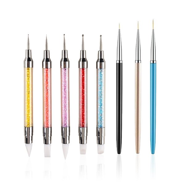 FULINJOY 8pcs Nail Art Design Tools, 5PCS Dual-Ended Nail Art Sculpture Pen Dotting Tools with 3PCS Nail Liner Brushes, Silicone Nail Polish Brushes Stainless Steel Carving Drawing Tool