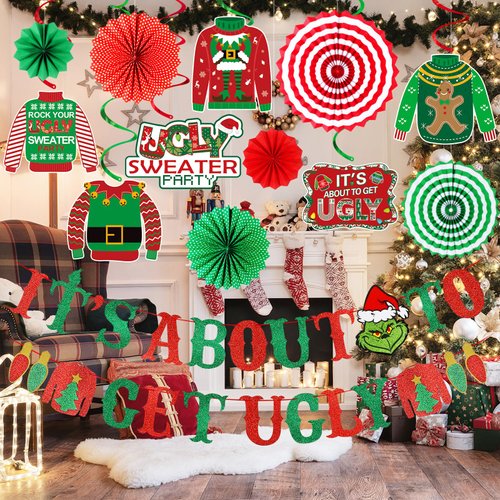 Red and Green It's About To Get Ugly Banner and Ugly Sweater Hanging Swirls Ugly Christmas Sweater Party Banner for Ugly Sweater Party Decorations, Ugly Christmas Sweater Party Supplies