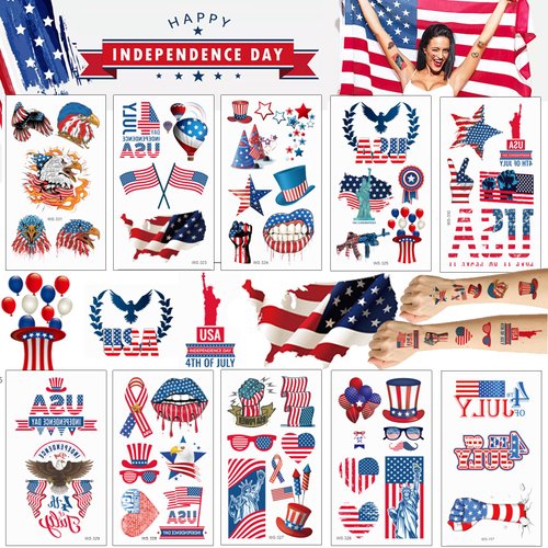 HFLKKC 10 Sheets 4th of July Temporary Tattoos Stickers Patriotic Independence Day Stickers Patriotic Tattoos Stickers for USA Memorial Day Veterans Day