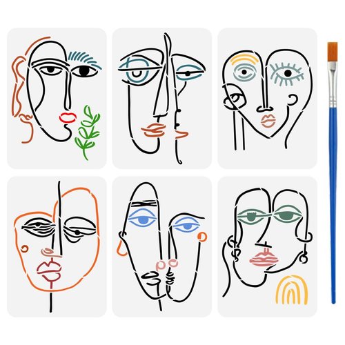 FINGERINSPIRE 6 Pcs Abstract Human Face Stencil with a 16cm Paint Brush, 11.7x8.3inch Portrait Face Pattern Stencils Reusable Plastic Template for Painting on Wall Wood Furniture Fabric