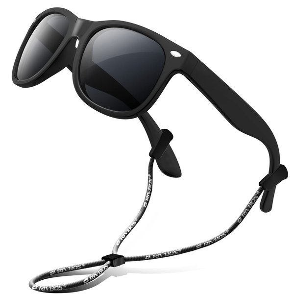 RIVBOS Kids Sunglasses Boys&girls with Strap Polarized Rubber Flexible Shades for Toddler and Children Age 3-10 RBK004-2 Black