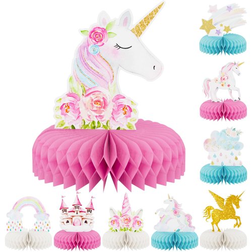 Adeyoo 9 PCS Unicorn Rainbow Honeycomb Centerpieces,Unicorn Centerpiece for Table Birthday Party Decorations Pastel Table Topper Centerpiece for Girls Princess Theme Birthday Baby Shower Party Decor