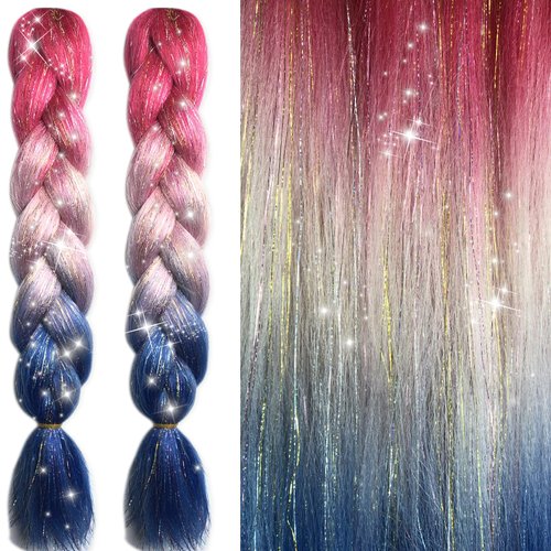 Bordedor Vibrant Braiding Hair Extension with Tinsel, Colored Hair Extensions Synthetic Braiding 3 Tone for Girls Women, Box Braids Twist 24 Inch
