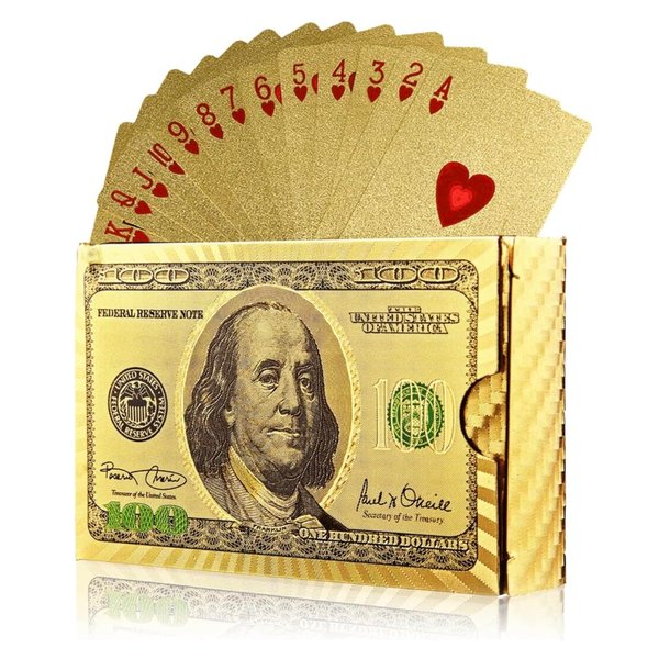 Gold Diamond Playing Cards - Durable and Waterproof, Perfect for Magic, Poker, Parties, and Special Occasions. Ideal for Memorable Gifts. ($100 Bill Theme, 1 Deck)