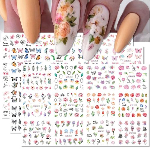 36 Sheets Flower Nail Art Stickers Decals Butterfly Water Transfer Nail Decals Pink Sakura with Designs Nail Decorations for Women DIY Nail Supplies