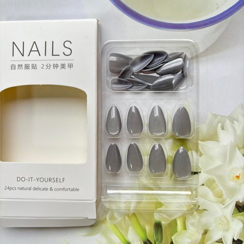 Almond Press on Nails Short Fake Nails Almond False Nails with Shiny Designs Solid Color Designs Glue on Nails Pure Grey Stick on Nails Full Cover Light Gray Acrylic Nails Glossy Cute Artificial Nails