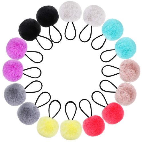 Pom Pom Hair Ties Pom Ball Elastic Hair Band Fur Ball Scrunchy Fluffy Ponytail Holders for Women Girl Kids Hair Accessories (Color Set 2, 16 Pieces)