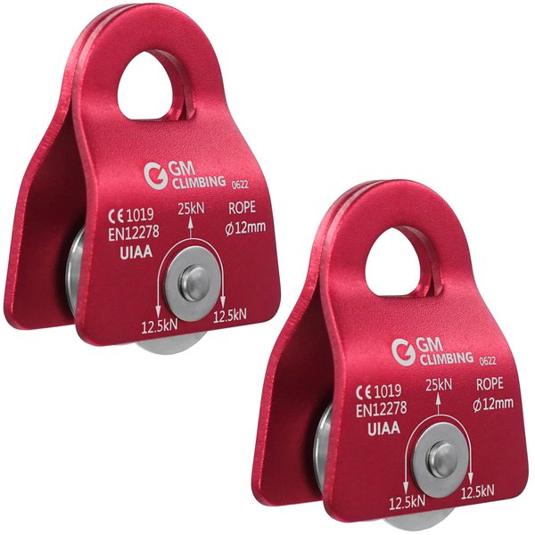 GM CLIMBING Red Micro Prusik Minding Pulley 25kN CE UIAA Certified 12mm Single Pulley Mobile Side Plates for Arborist Rigging Climbing Rescue Pack of 2